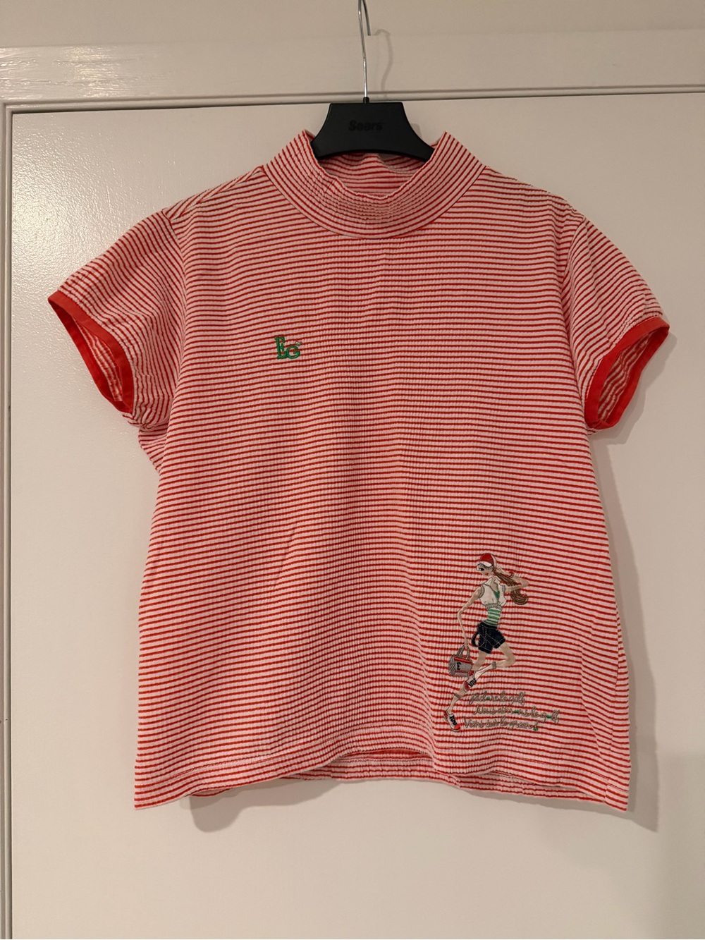 Red & White Striped Short Sleeve Top with Graphic